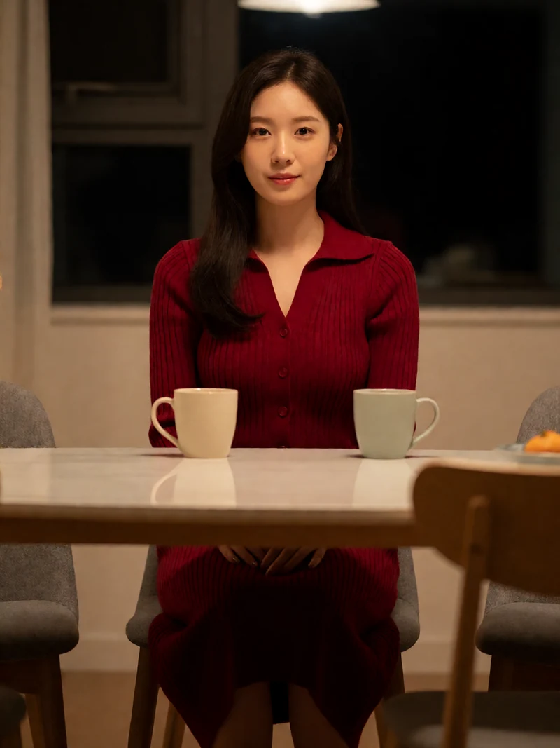 原创婚姻剧情主题图：成年女性穿红色针织裙独坐夜间公寓餐桌，旁有两只未动的杯子