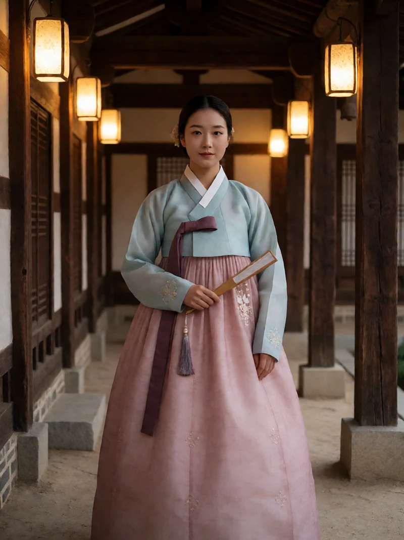 原创韩国古装电影主题图：成年女性穿不透明粉蓝韩服站在庭院回廊，手持合拢的扇子