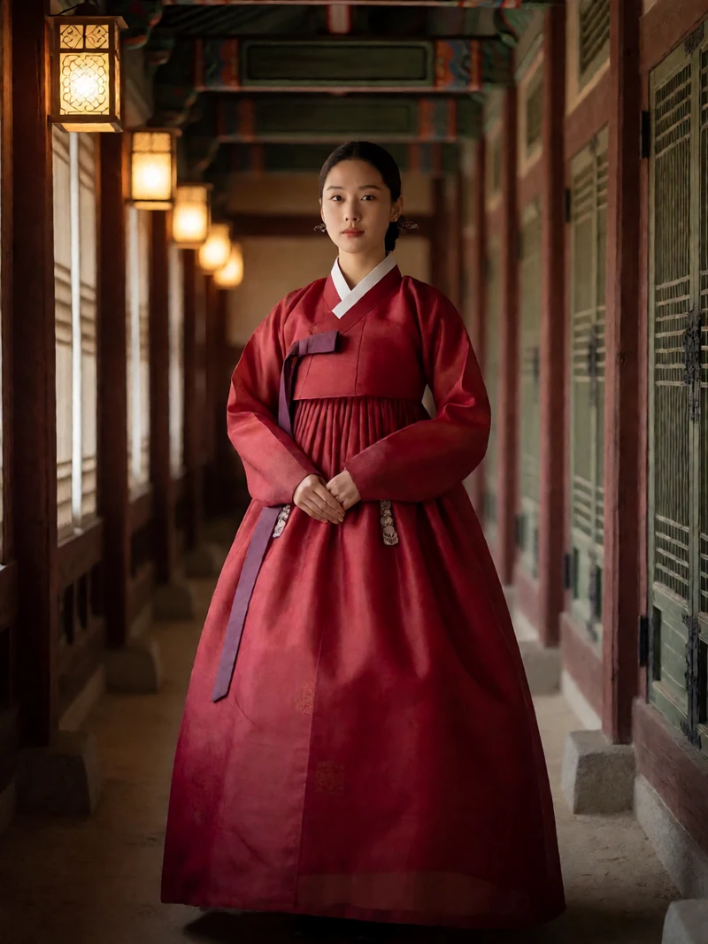原创韩国宫廷关系主题图：成年女性穿暗红韩服站在宫殿长廊中央，身后延伸层层木门