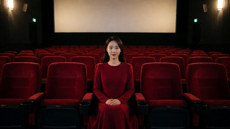 原创午夜影院主题图:成年女性面向镜头坐在空放映厅中央,前方银幕透出柔和暖光